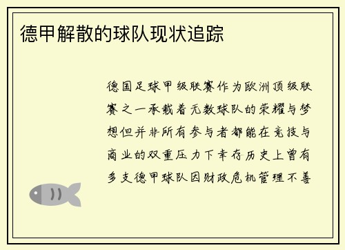 德甲解散的球队现状追踪